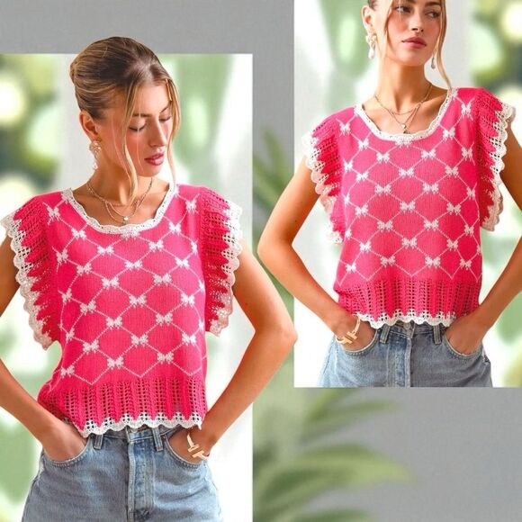 SO ME Pink Bow Ribbon Pattern Sweater Top with Back Key Hole Size Large NWT - Picture 1 of 13